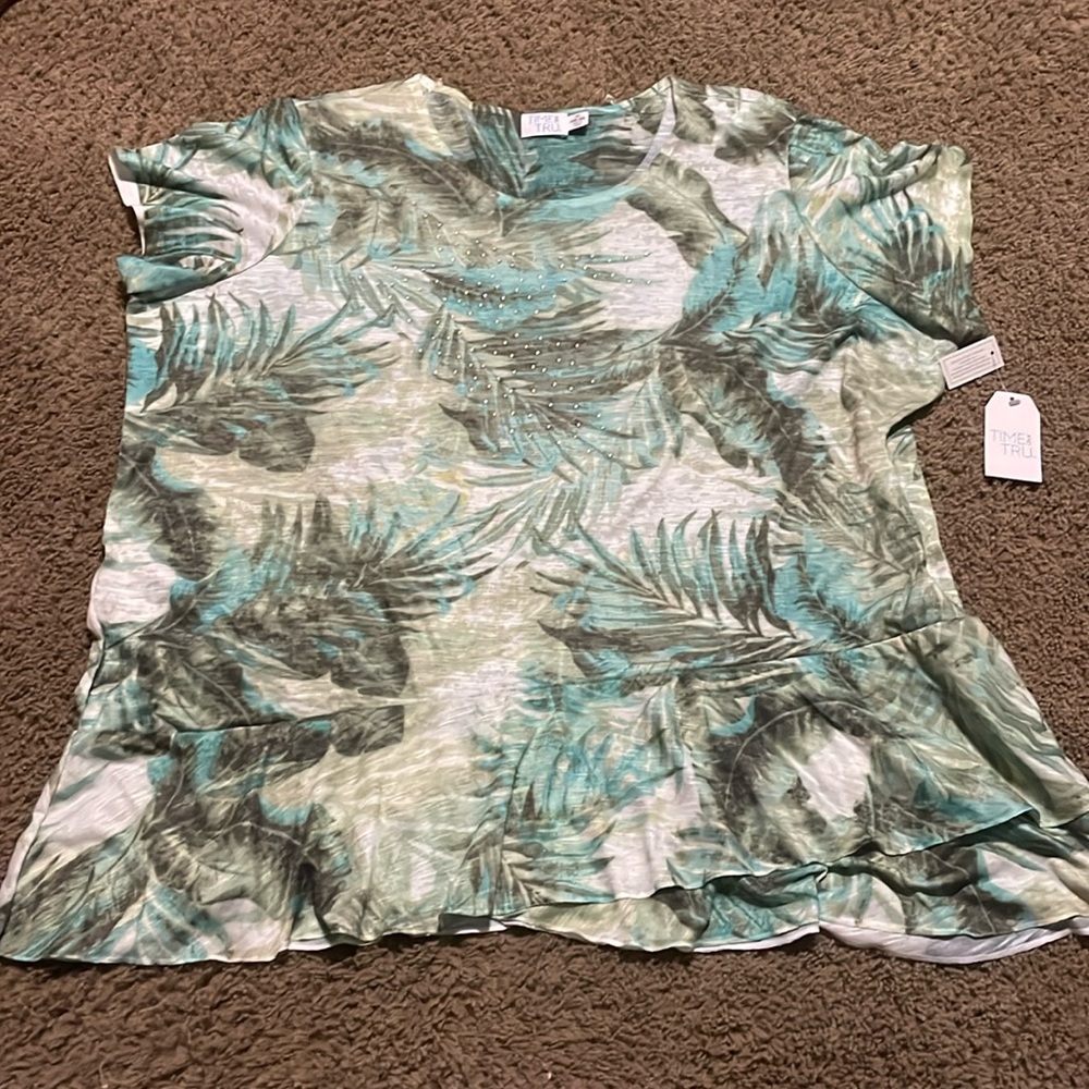 NWT Time and Tru ladies gray and green leaf print short sleeve top Sz 16/18W 1X